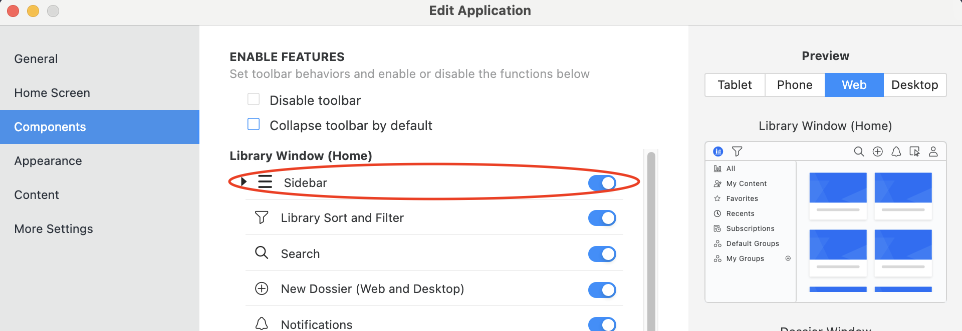 Application sidebar settings